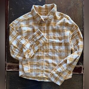 American Eagle Paid Yellow And White Flannel W/ Distressed‎ Look Size Large